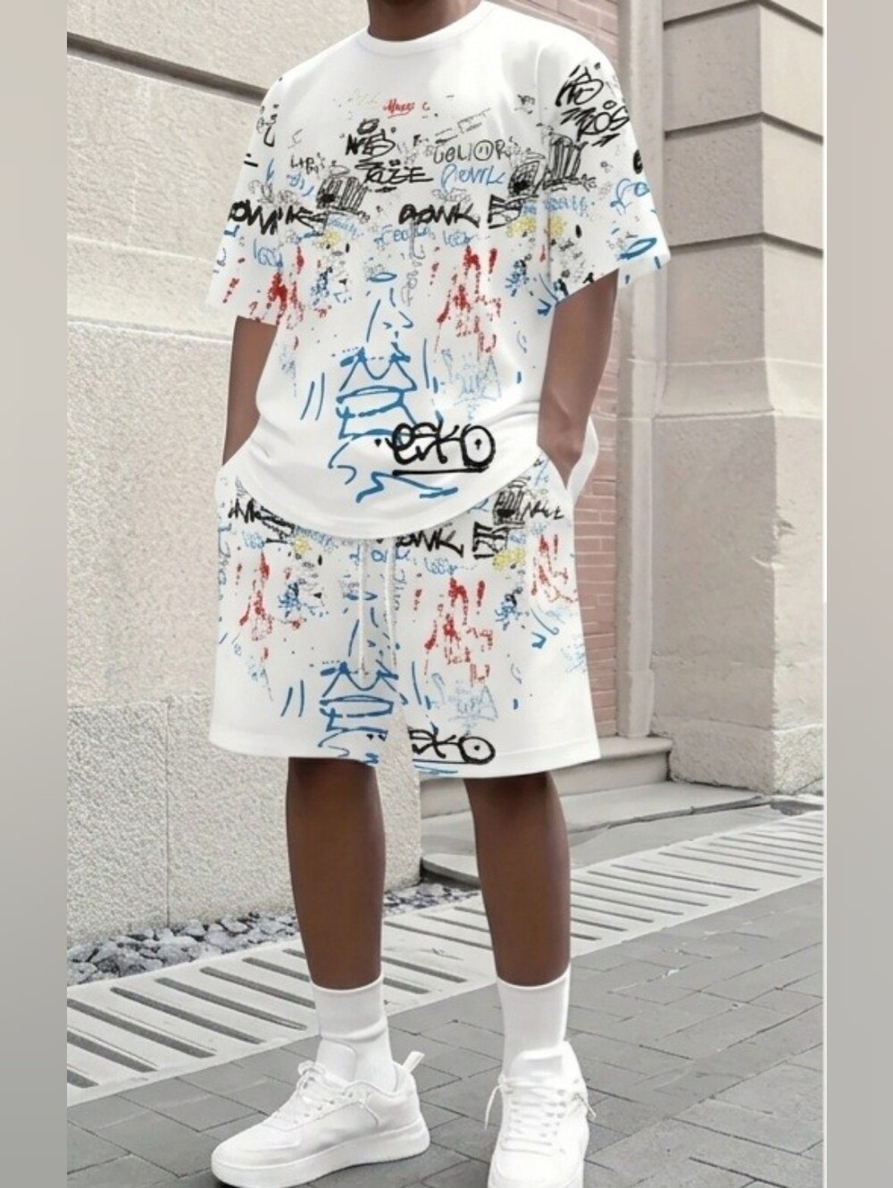 Trendy Graffiti Print 2-Piece Short Set – Streetwear Men's Size XL